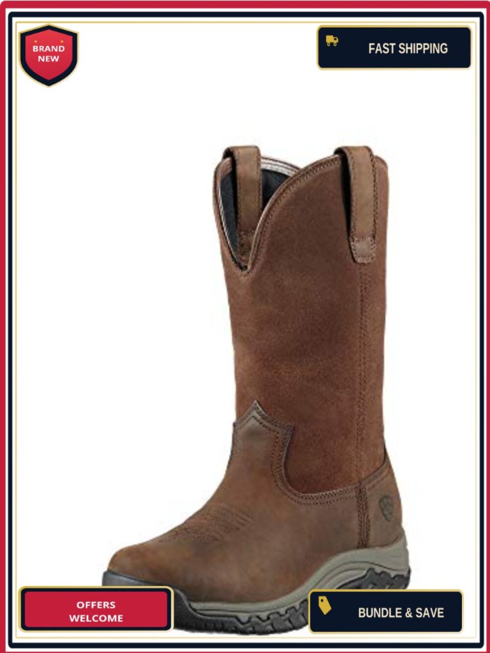 Women's Western Pull-On Boots Waterproof Leather Work Boots Mid-Calf